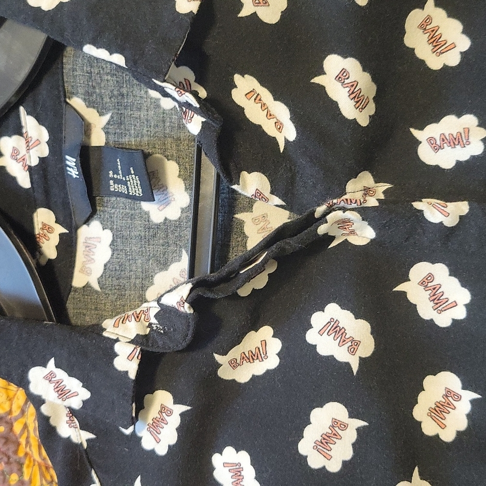 "BAM!" Comic Style Black button up collared top